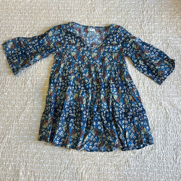 Natural Life Boho Floral Tunic Mini Swing Tiered Dress 3/4 Bell Sleeves Blue Bei - Picture 1 of 9